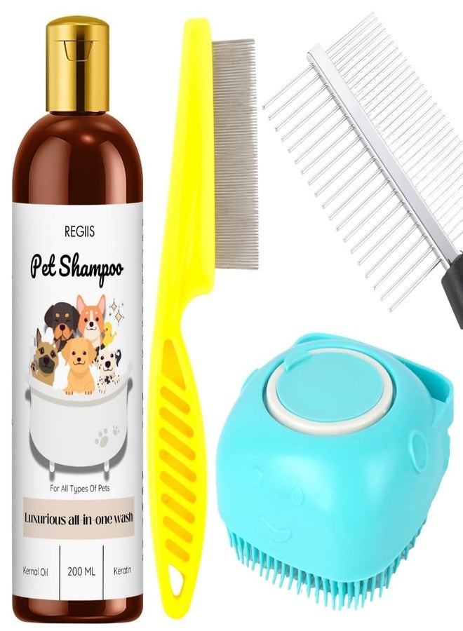 مجموعة ريجيس للعناية بالحيوانات الأليفة، شامبو للكلاب بزيت نواة النخيل والكيراتين 200 مل، مشط معدني، فرشاة سيليكون، بخاخ فك تشابك الشعر الأصفر، مجموعة استحمام كاملة لجميع أنواع الحيوانات الأليفة (4 قطع) - Image 1